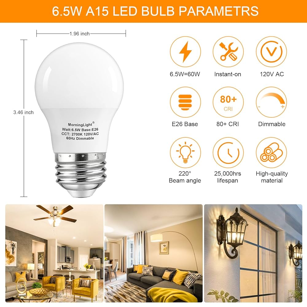 A15 LED Ceiling Fan Light Bulb, E26 LED Bulb 6.5W Equivalent